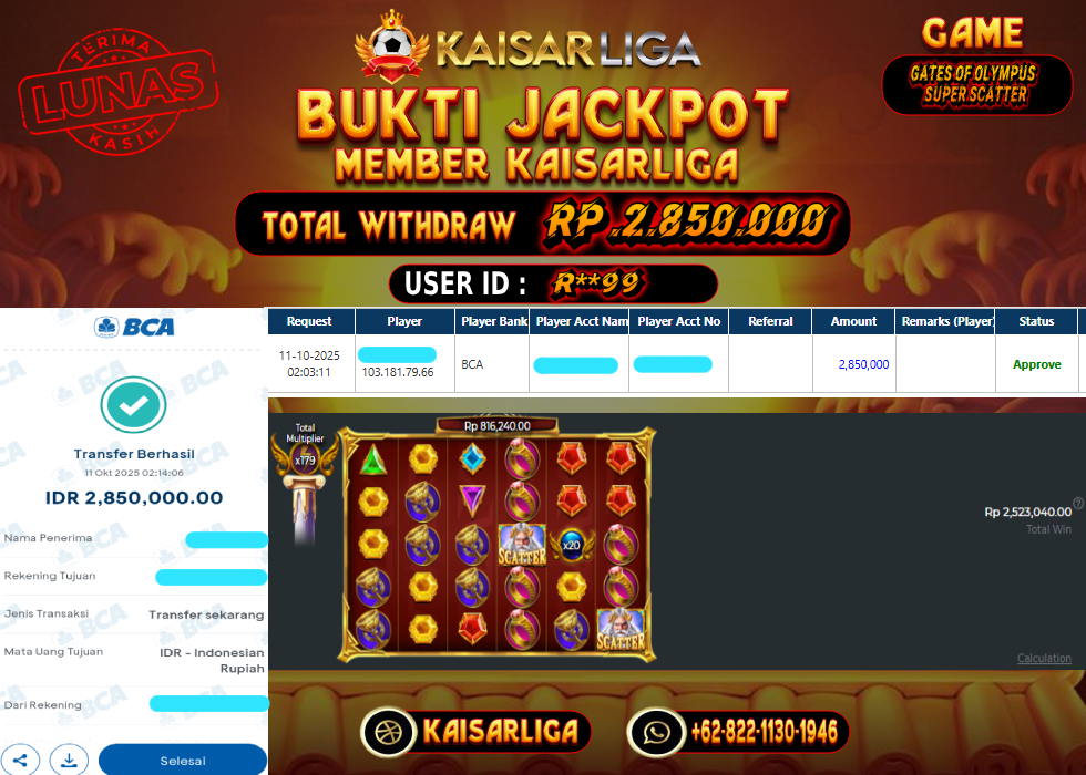 BUKTI JACKPOT SLOT KAISARLIGA RP. 2.850.000.- LUNAS