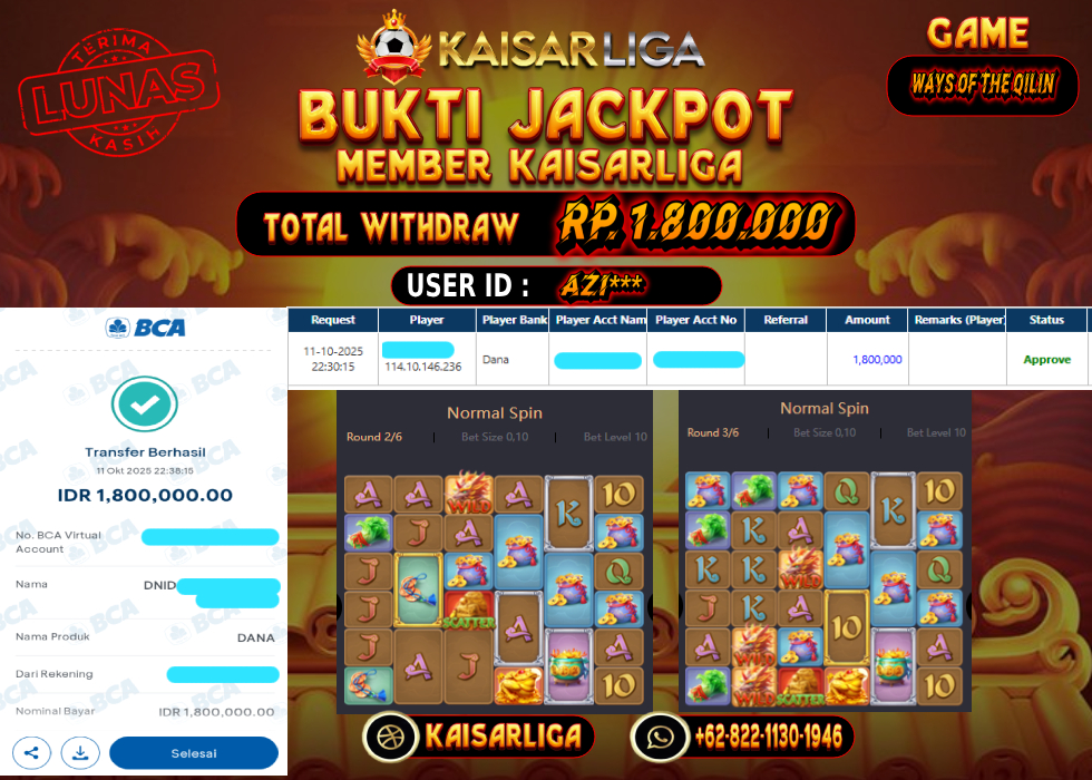 BUKTI JACKPOT SLOT KAISARLIGA RP. 1.800.000.- LUNAS
