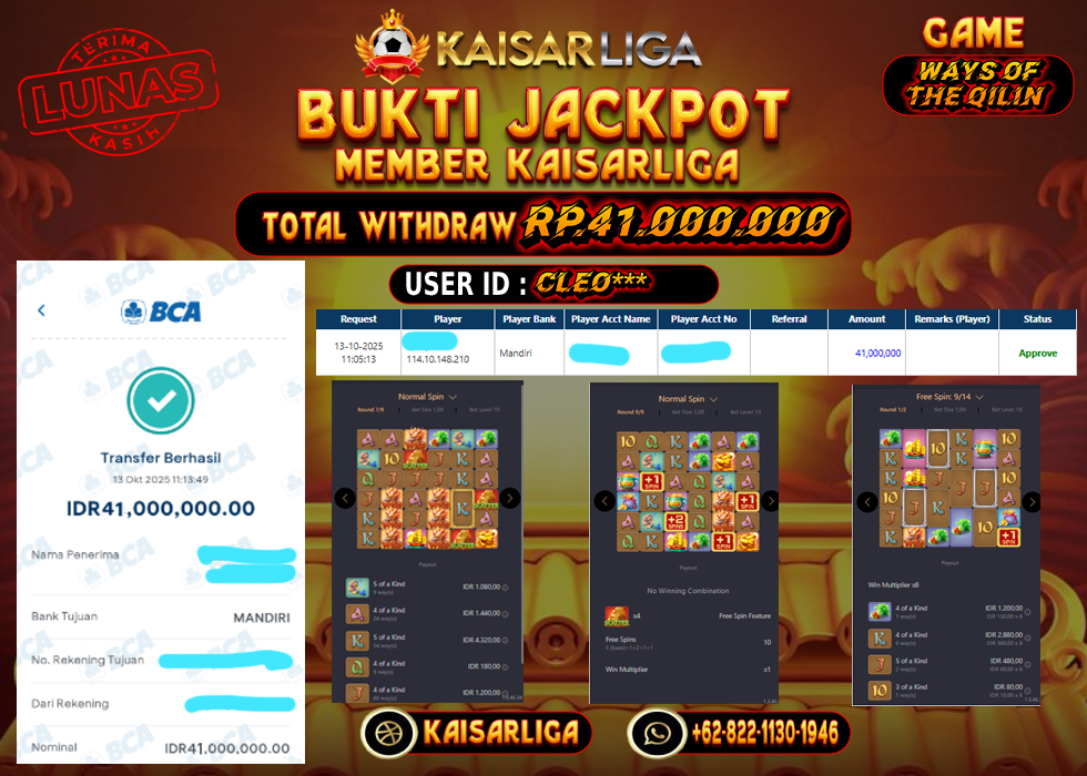 BUKTI JACKPOT SLOT KAISARLIGA RP. 41.000.000.- LUNAS