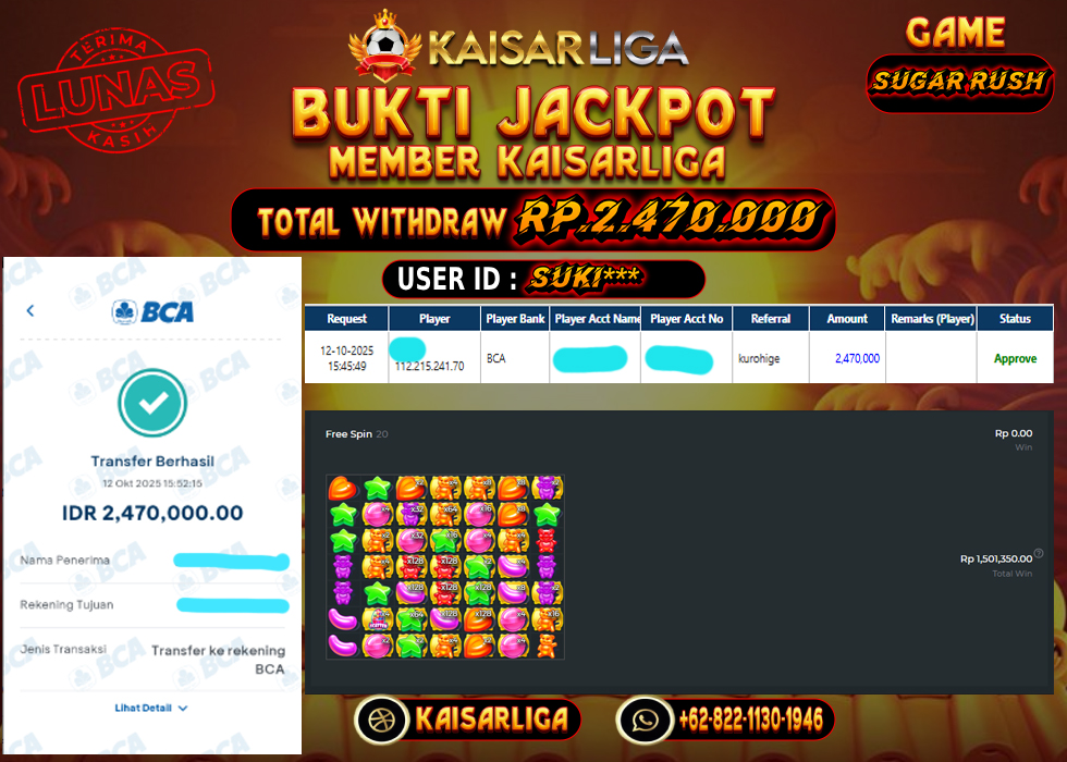 BUKTI JACKPOT SLOT KAISARLIGA RP. 2.470.000.- LUNAS