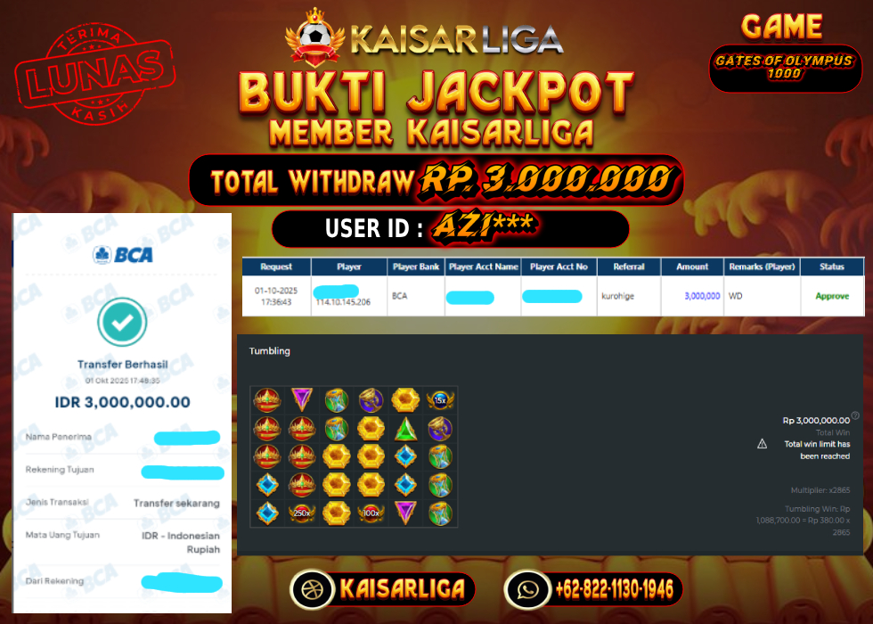 BUKTI JACKPOT SLOT KAISARLIGA RP. 3.000.000.- LUNAS