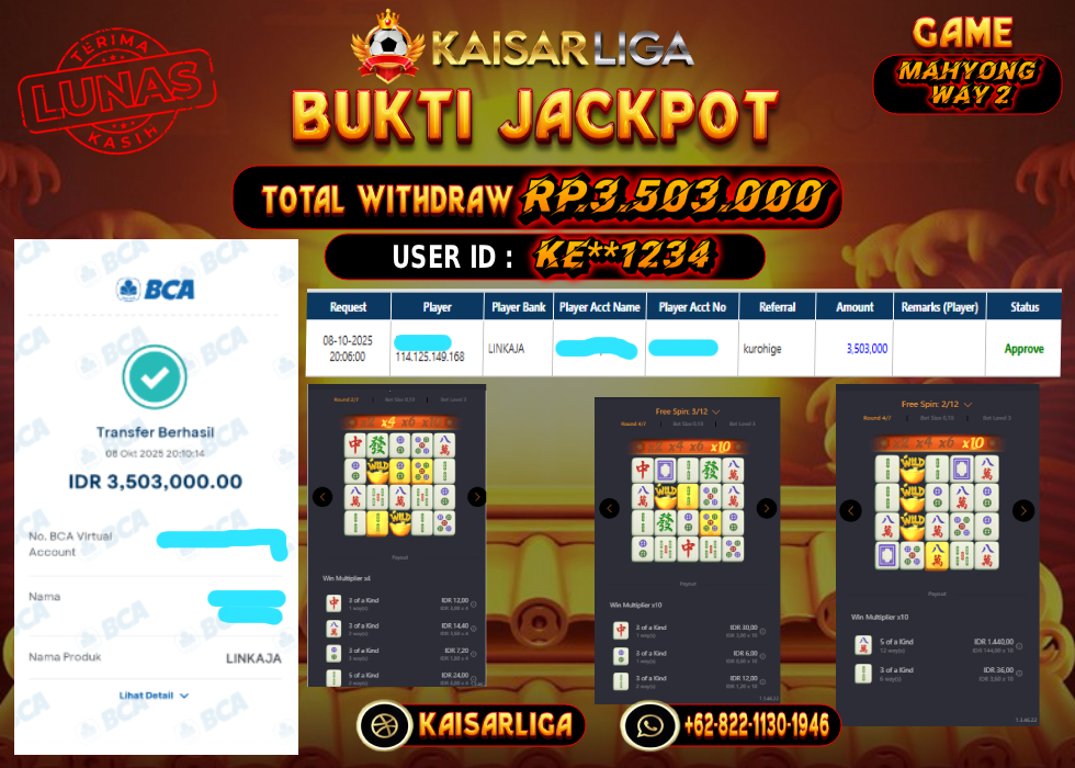 BUKTI JACKPOT SLOT KAISARLIGA RP. 3.503.000.- LUNAS