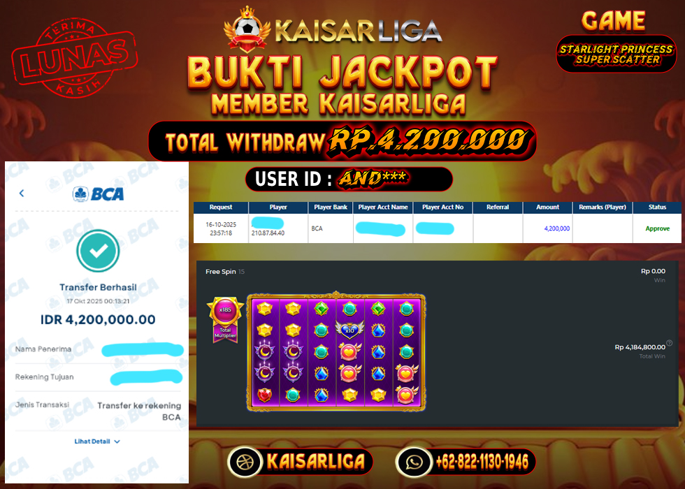 BUKTI JACKPOT SLOT KAISARLIGA RP. 4.200.000.- LUNAS
