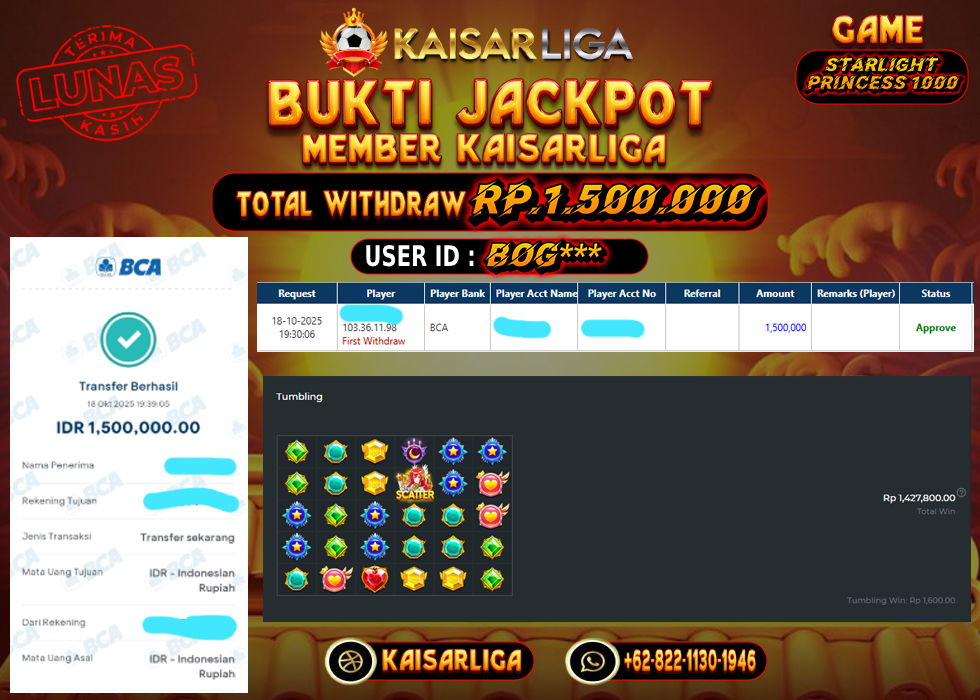 BUKTI JACKPOT SLOT KAISARLIGA RP. 1.500.000.- LUNAS