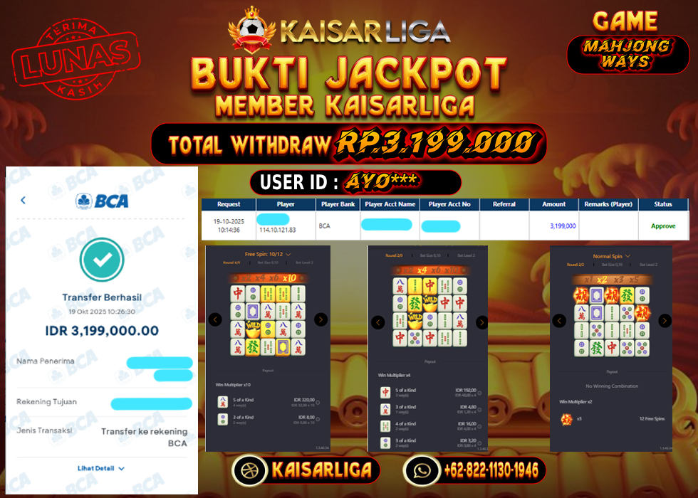BUKTI JACKPOT SLOT KAISARLIGA RP. 3.199.000.- LUNAS