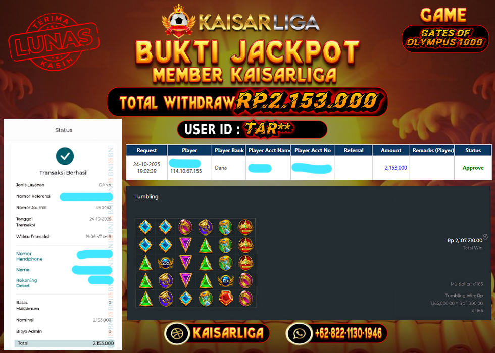 BUKTI JACKPOT SLOT KAISARLIGA RP. 2.153.000.- LUNAS