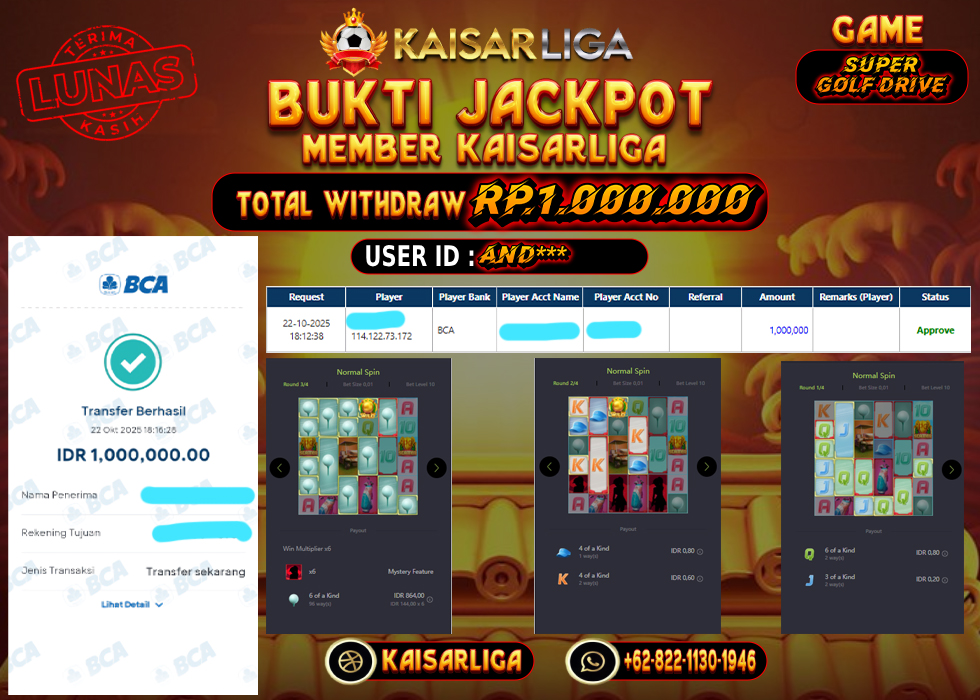 BUKTI JACKPOT SLOT KAISARLIGA RP. 1.000.000.- LUNAS