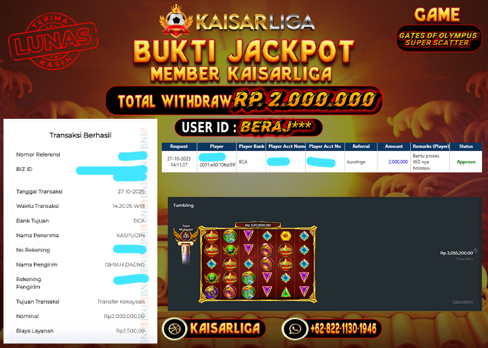 BUKTI JACKPOT SLOT KAISARLIGA RP. 2.000.000.- LUNAS