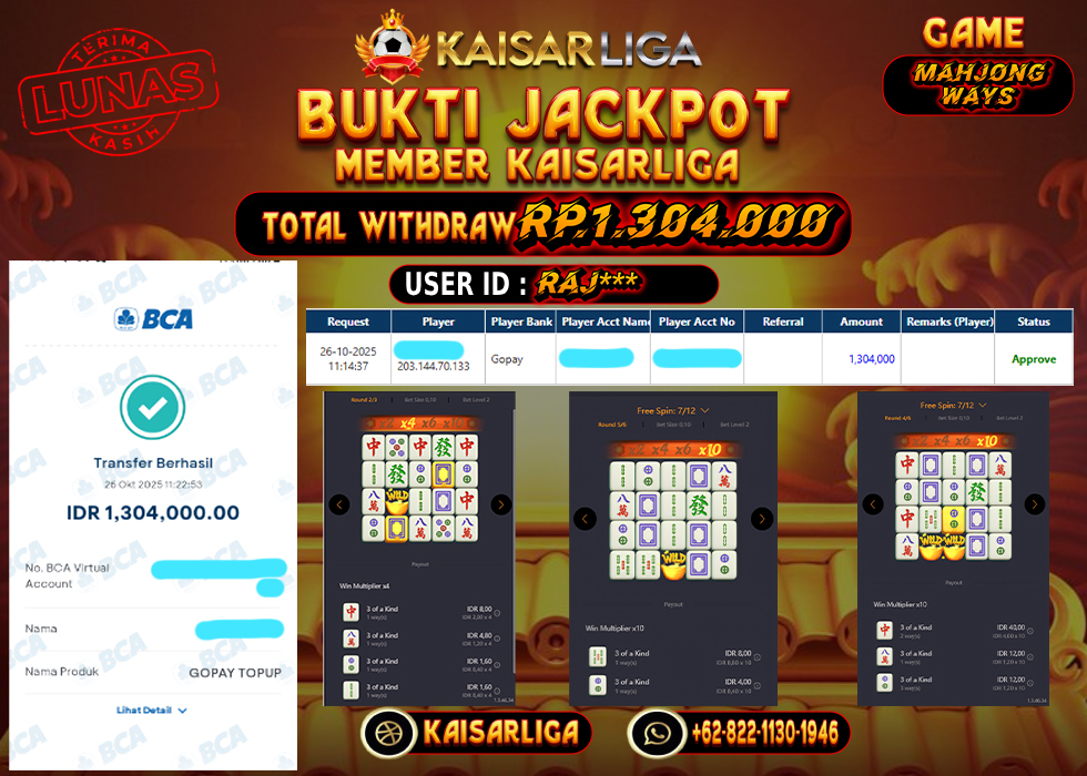 BUKTI JACKPOT SLOT KAISARLIGA RP. 1.304.000.- LUNAS