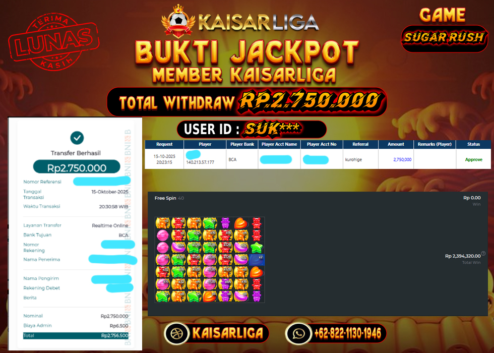 BUKTI JACKPOT SLOT KAISARLIGA RP. 2.750.000.- LUNAS