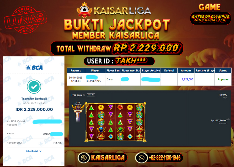 BUKTI JACKPOT SLOT KAISARLIGA RP. 2.229.000.- LUNAS