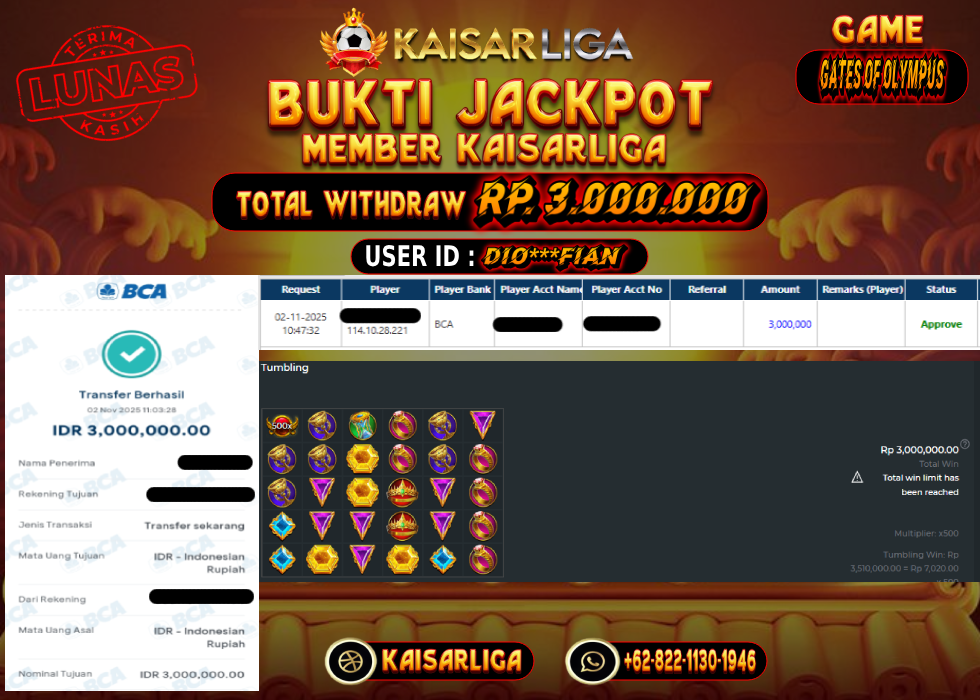 BUKTI JACKPOT SLOT KAISARLIGA RP. 3.000.000.- LUNAS