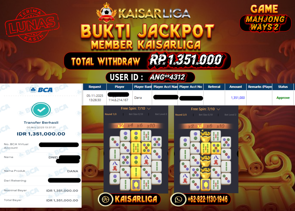BUKTI JACKPOT SLOT KAISARLIGA RP. 1.351.000.- LUNAS
