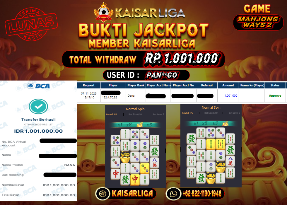BUKTI JACKPOT SLOT KAISARLIGA RP. 1.001.000.- LUNAS