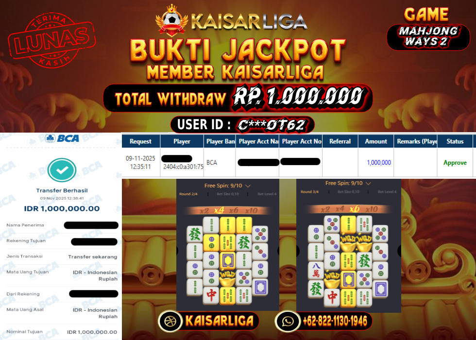 BUKTI JACKPOT SLOT KAISARLIGA RP. 1.000.000.- LUNAS