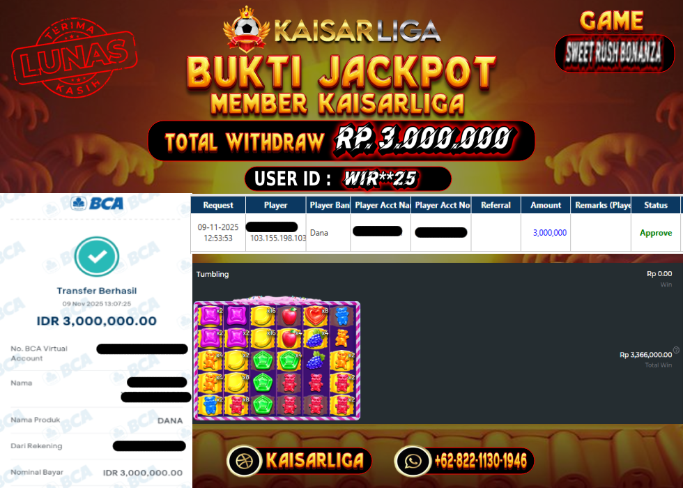 BUKTI JACKPOT SLOT KAISARLIGA RP. 3.000.000.- LUNAS
