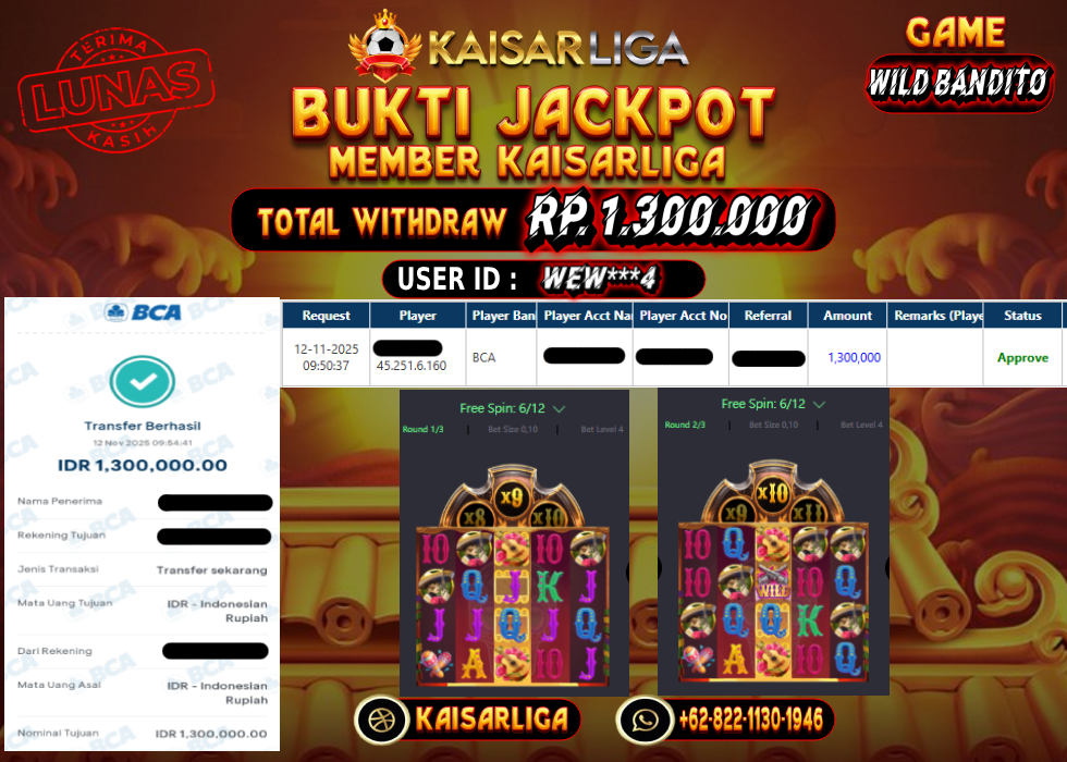 BUKTI JACKPOT SLOT KAISARLIGA RP. 1.300.000.- LUNAS