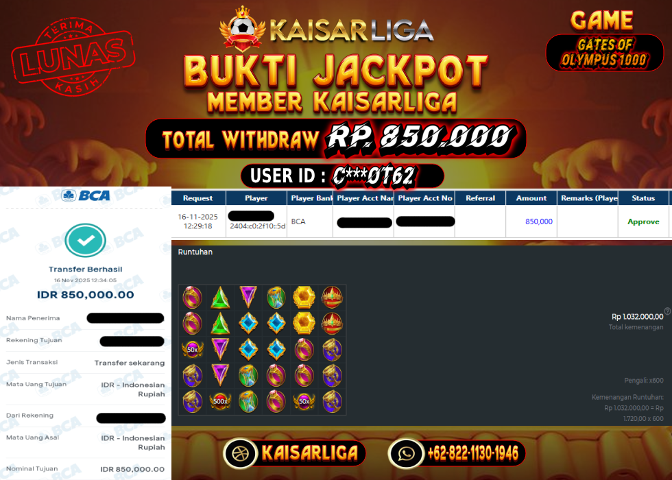 BUKTI JACKPOT SLOT KAISARLIGA RP. 850.000.- LUNAS