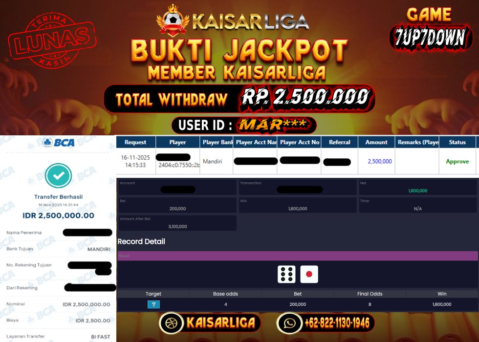 BUKTI JACKPOT SLOT KAISARLIGA RP. 2.500.000.- LUNAS