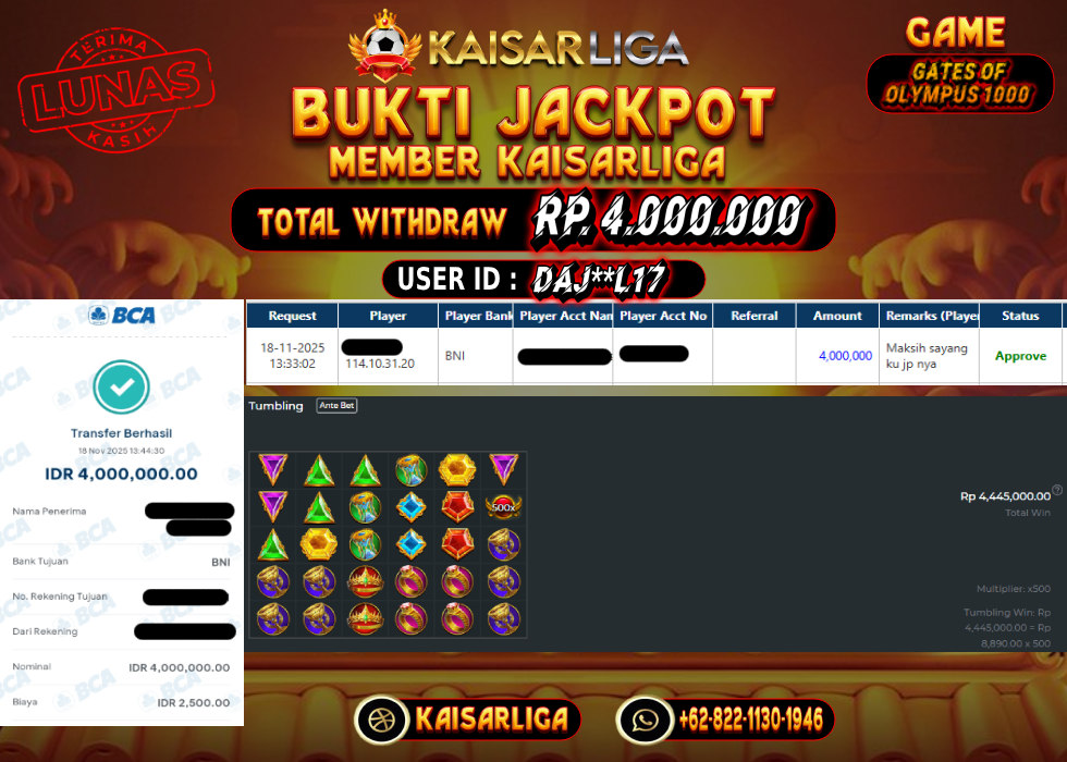 BUKTI JACKPOT SLOT KAISARLIGA RP. 4.000.000.- LUNAS