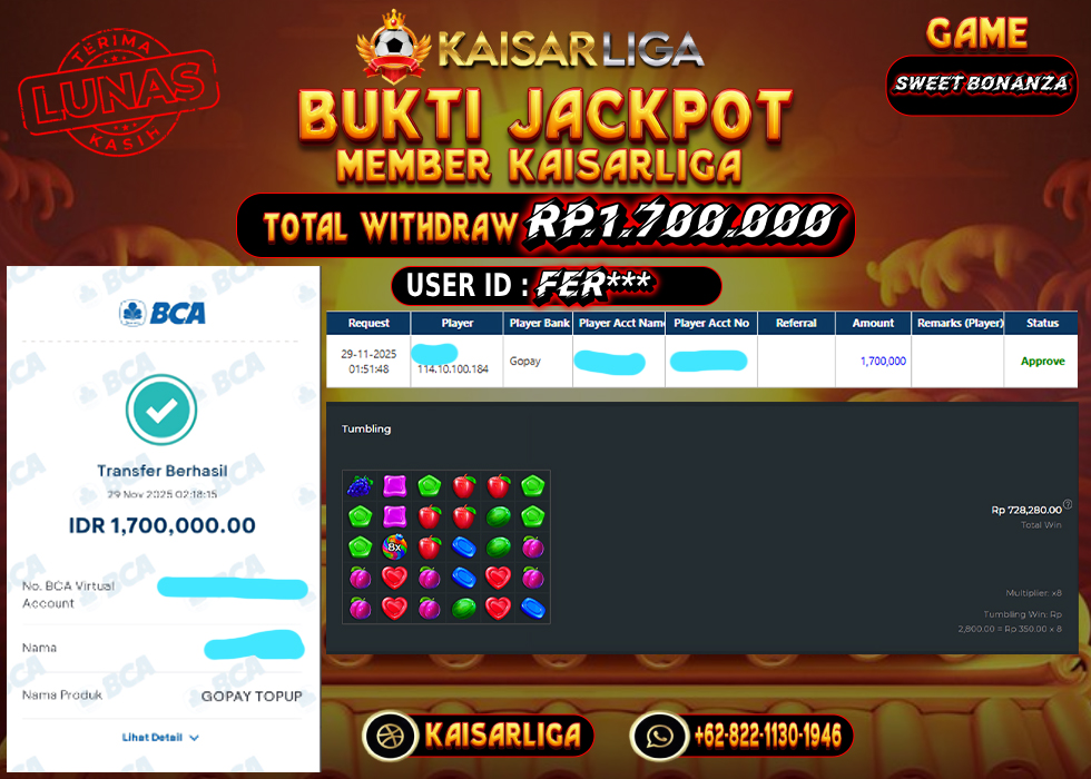 BUKTI JACKPOT SLOT KAISARLIGA RP. 1.700.000.- LUNAS