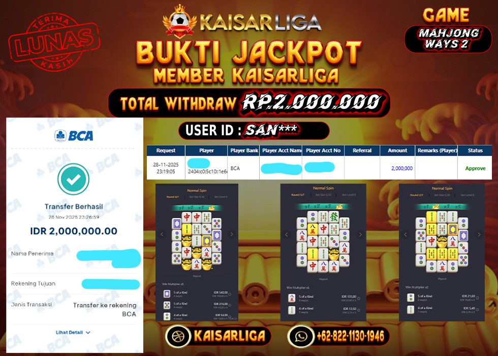 BUKTI JACKPOT SLOT KAISARLIGA RP. 2.000.000.- LUNAS