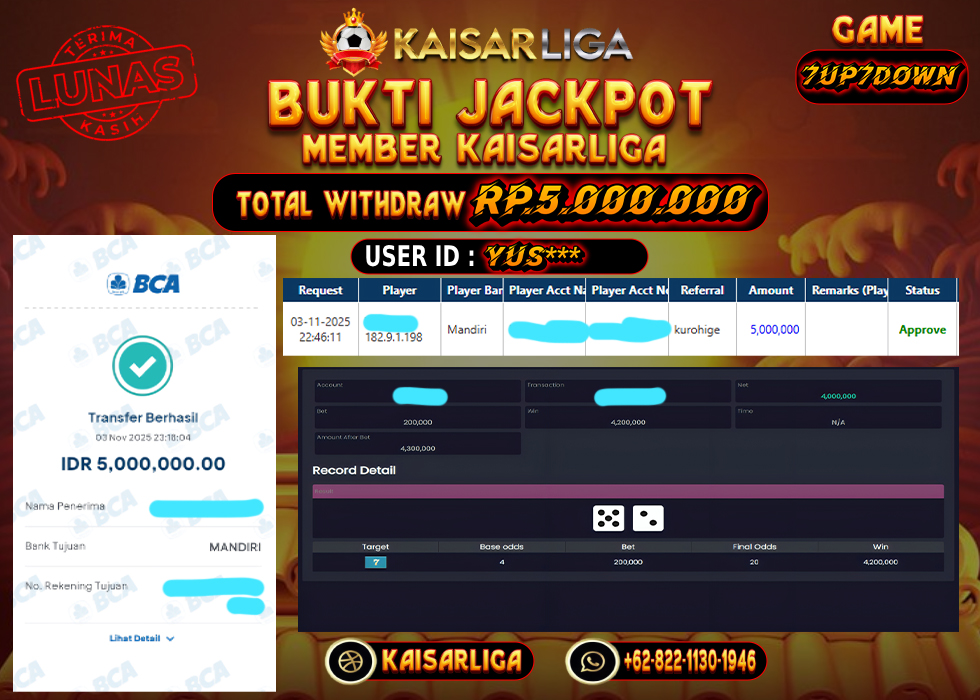 BUKTI JACKPOT SLOT KAISARLIGA RP. 5.000.000.- LUNAS