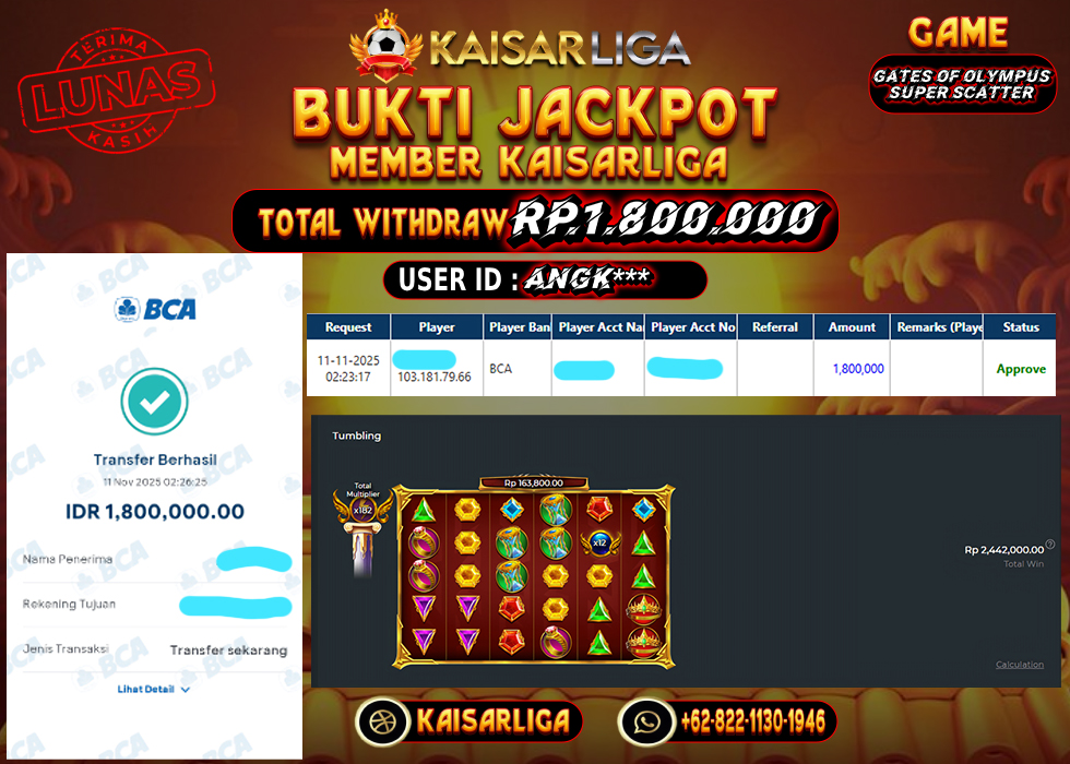 BUKTI JACKPOT SLOT KAISARLIGA RP. 1.800.000.- LUNAS