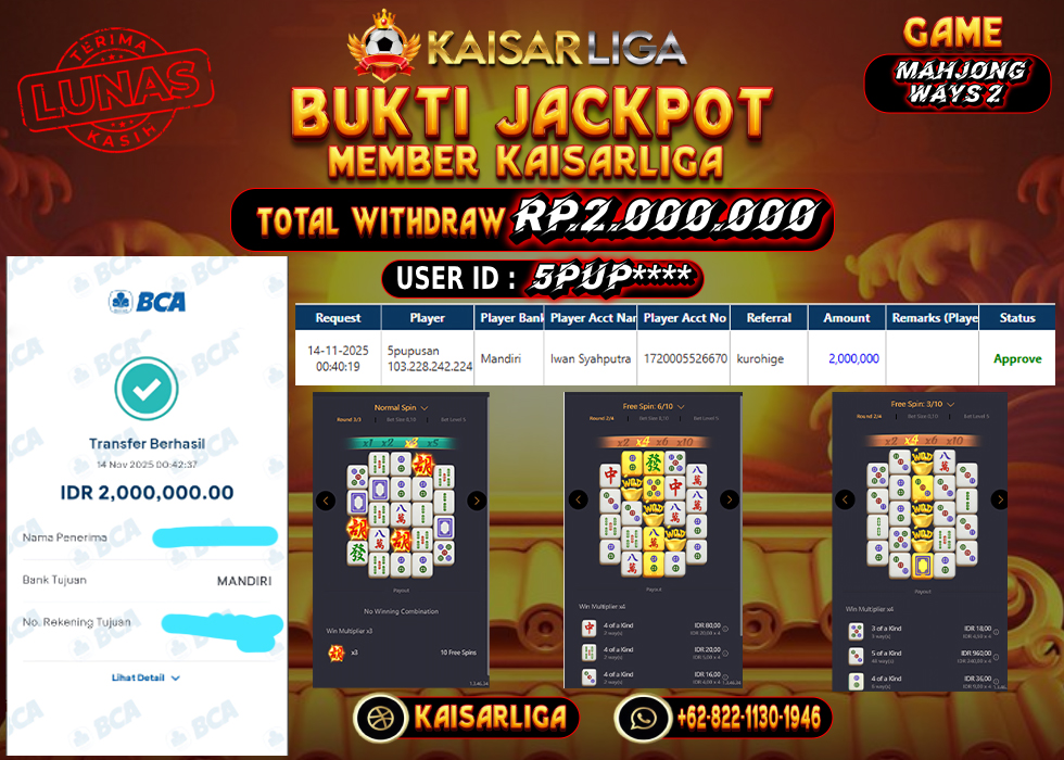 BUKTI JACKPOT SLOT KAISARLIGA RP. 2.000.000.- LUNAS
