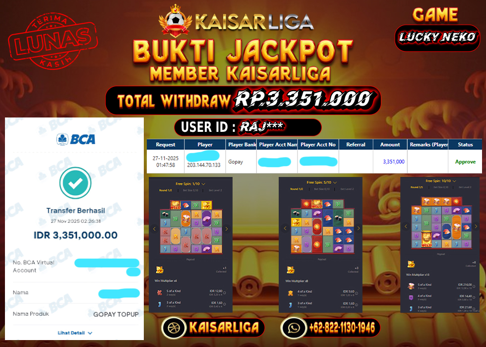 BUKTI JACKPOT SLOT KAISARLIGA RP. 3.351.000.- LUNAS