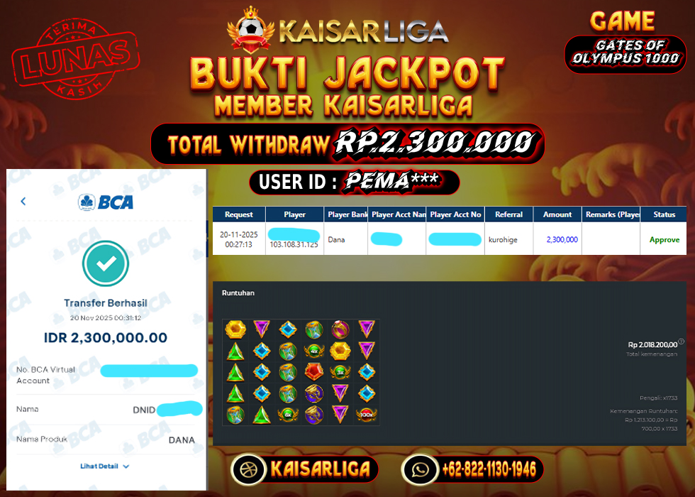 BUKTI JACKPOT SLOT KAISARLIGA RP. 2.300.000.- LUNAS