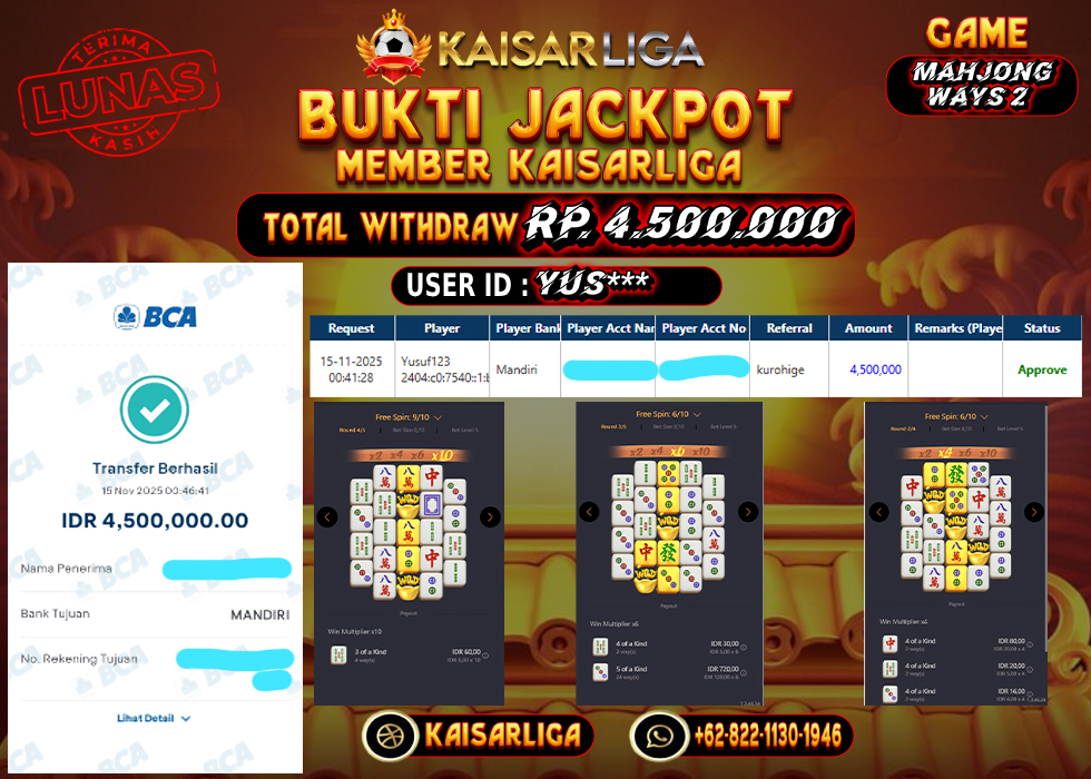 BUKTI JACKPOT SLOT KAISARLIGA RP. 4.500.000.- LUNAS