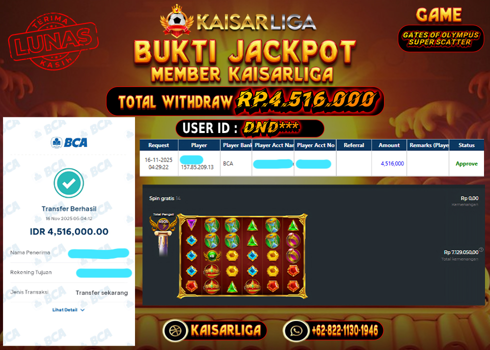 BUKTI JACKPOT SLOT KAISARLIGA RP. 4.516.000.- LUNAS