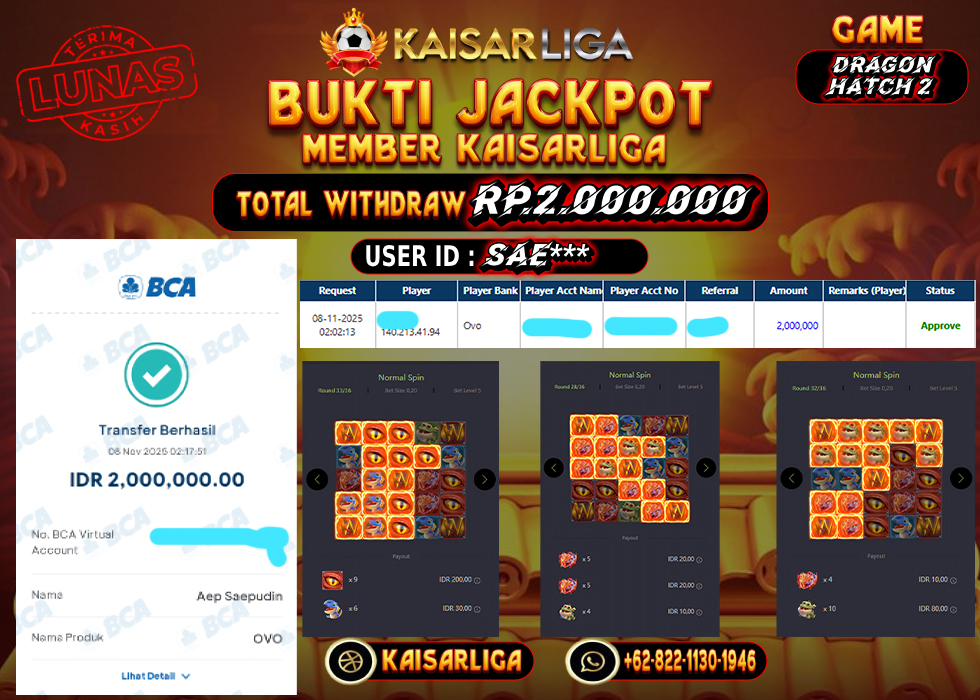 BUKTI JACKPOT SLOT KAISARLIGA RP. 2.000.000.- LUNAS