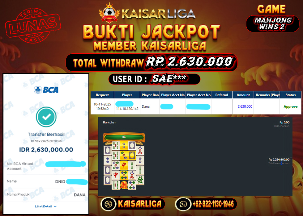 BUKTI JACKPOT SLOT KAISARLIGA RP. 2.630.000.- LUNAS