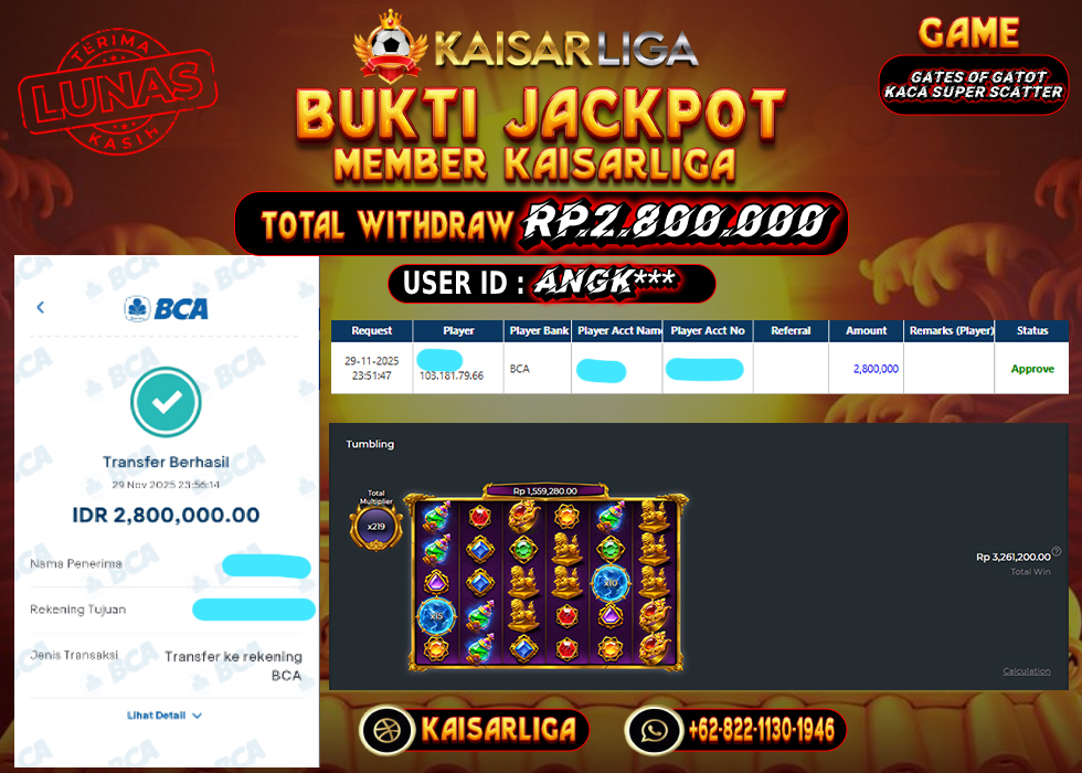 BUKTI JACKPOT SLOT KAISARLIGA RP. 2.800.000.- LUNAS