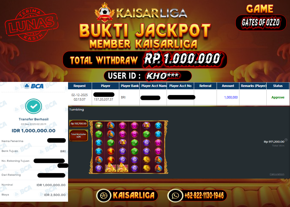 BUKTI JACKPOT SLOT KAISARLIGA RP. 1.000.000.- LUNAS