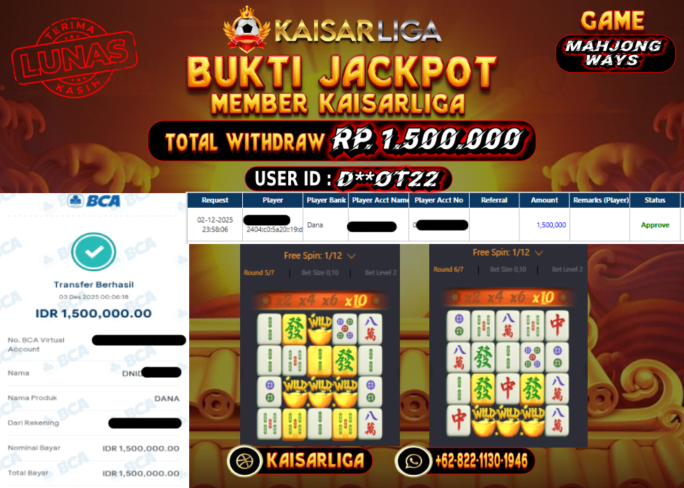 BUKTI JACKPOT SLOT KAISARLIGA RP. 1.500.000.- LUNAS