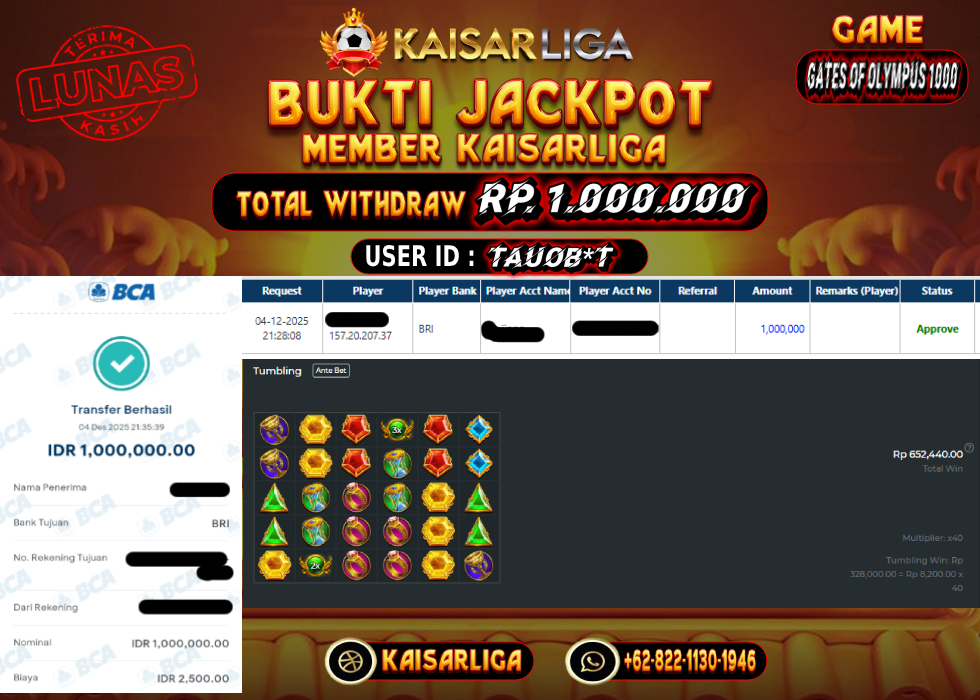 BUKTI JACKPOT SLOT KAISARLIGA RP. 1.000.000.- LUNAS