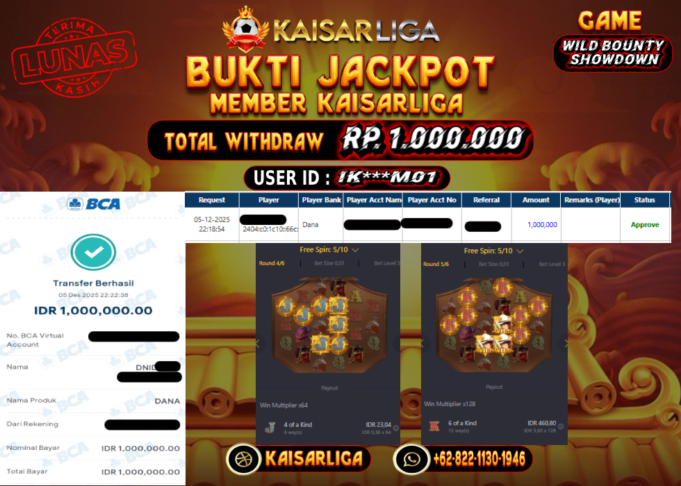 BUKTI JACKPOT SLOT KAISARLIGA RP. 1.000.000.- LUNAS