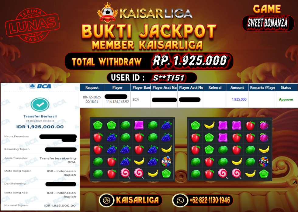 BUKTI JACKPOT SLOT KAISARLIGA RP. 1.925.000.- LUNAS