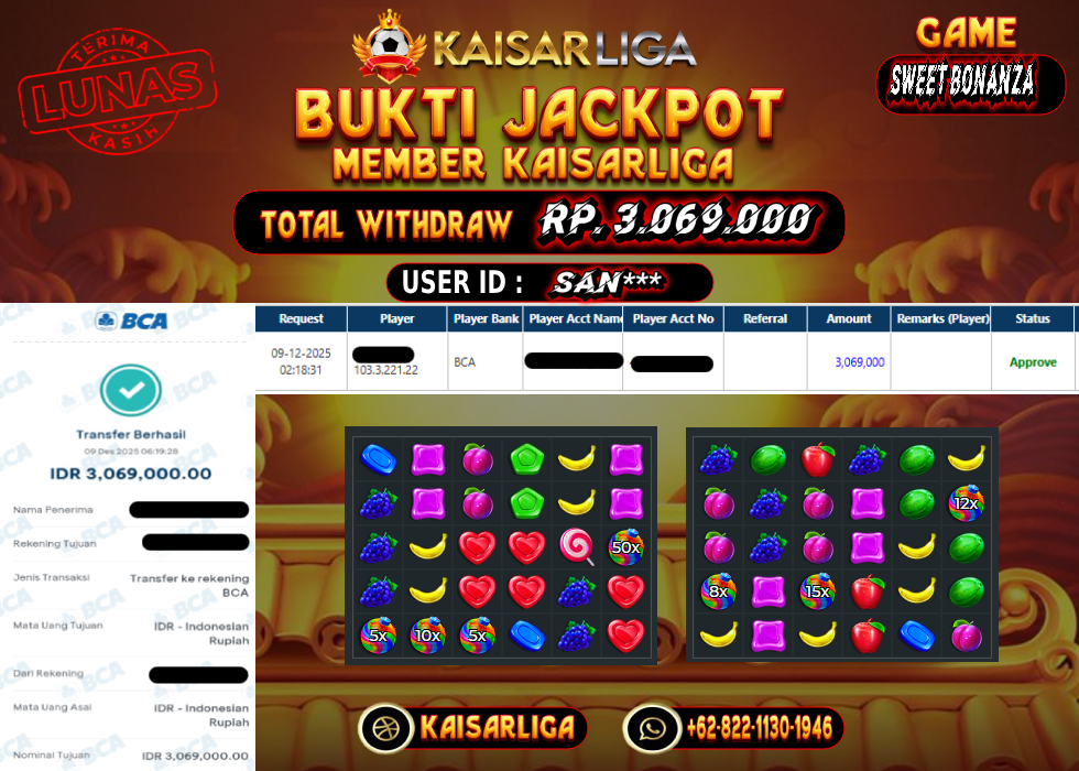 BUKTI JACKPOT SLOT KAISARLIGA RP. 3.069.000.- LUNAS