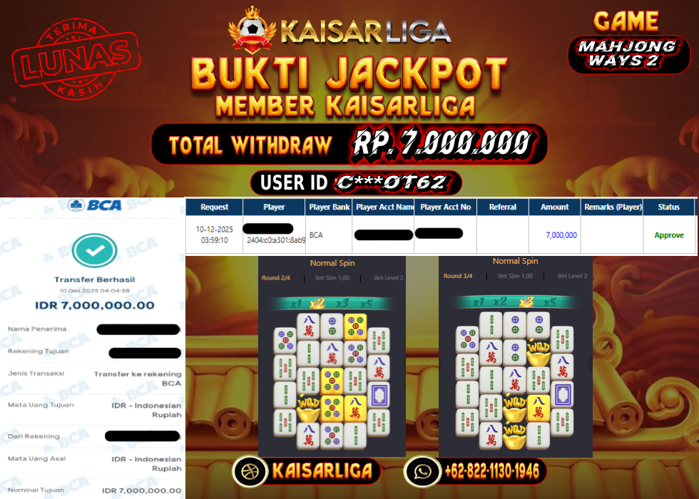 BUKTI JACKPOT SLOT KAISARLIGA RP. 7.000.000.- LUNAS