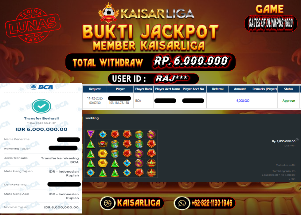BUKTI JACKPOT SLOT KAISARLIGA RP. 6.000.000.- LUNAS