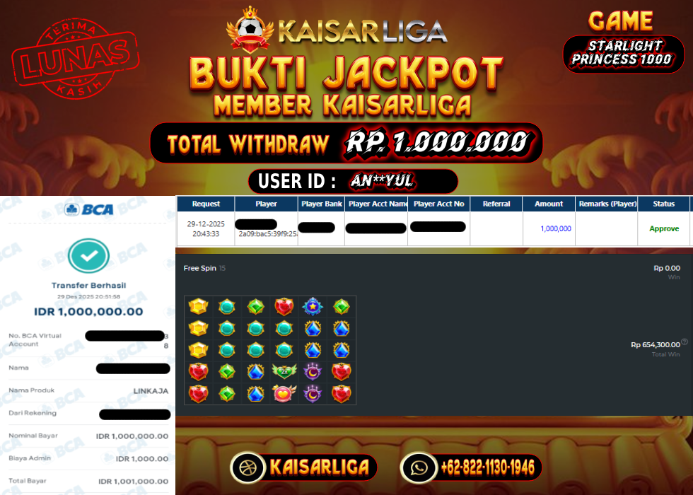 BUKTI JACKPOT SLOT KAISARLIGA RP. 1.000.000.- LUNAS