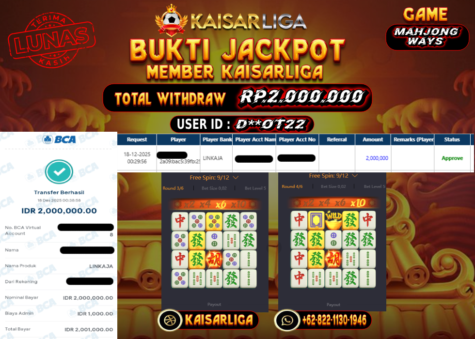 BUKTI JACKPOT SLOT KAISARLIGA RP. 2.000.000.- LUNAS