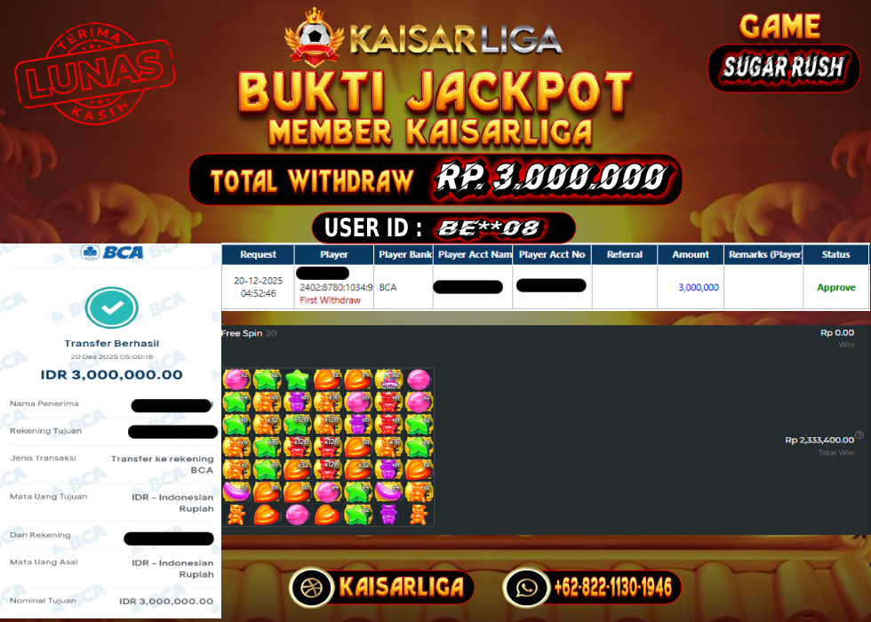 BUKTI JACKPOT SLOT KAISARLIGA RP. 3.000.000.- LUNAS