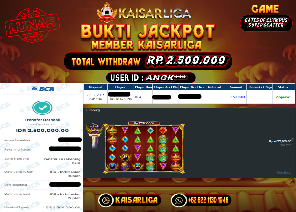 BUKTI JACKPOT SLOT KAISARLIGA RP. 2.500.000.- LUNAS