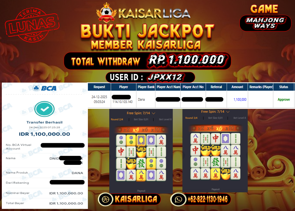 BUKTI JACKPOT SLOT KAISARLIGA RP. 1.100.000.- LUNAS