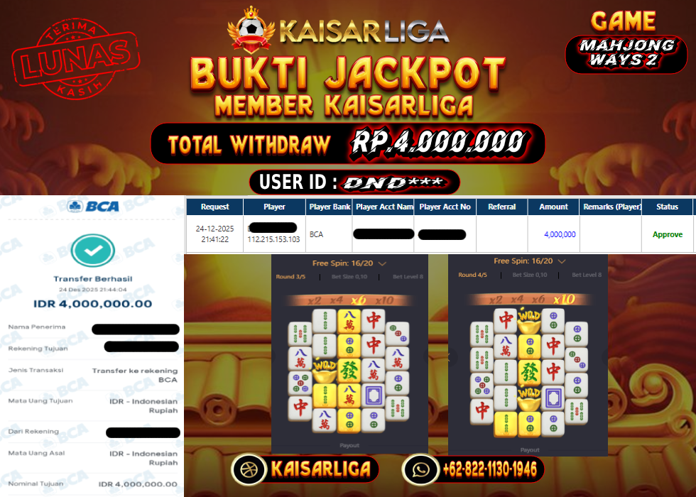 BUKTI JACKPOT SLOT KAISARLIGA RP. 4.000.000.- LUNAS